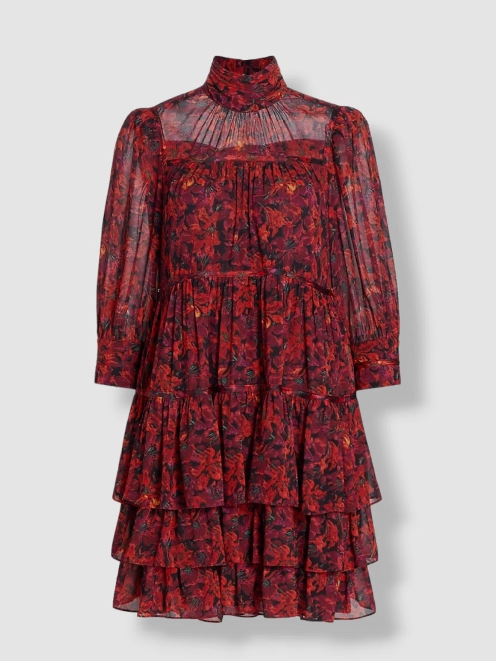 Cinq a Sept | Stargazer Lillies Tiered Ruffle Mockneck Dress 6